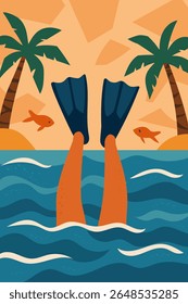 Person diving in tropical sea with flippers surrounded by palm trees and fish