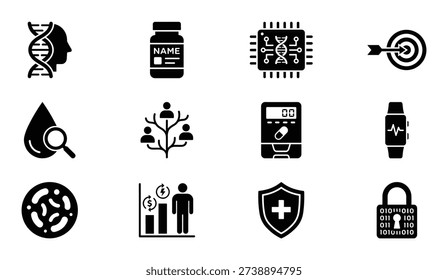 Person with dna, strings, and icons for future health science in medical concept and vector art illustration in graphic design.