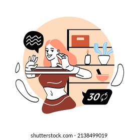 Person do sport exercises at home concept. Woman performs physical exercises on muscles of her arms with help of fitness elastic band. Daily activity. Cartoon flat vector illustration in doodle style