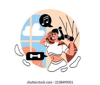 Person do sport exercises at home concept. Young woman in tracksuit holds dumbbell in her hands, picks it up and listens to music. Active lifestyle. Cartoon flat vector illustration in doodle style
