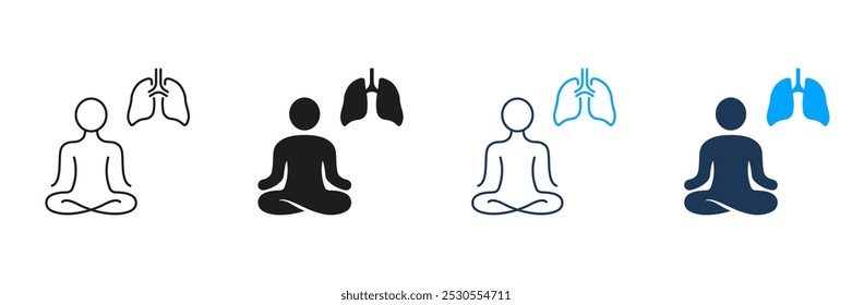 Person Do Yoga, Deep Breath Exercise Line and Silhouette Icon Set. Mindfulness Pictogram. Relaxation, Wellness Symbol. Human Lung and Lotus Pose. Editable Stroke. Isolated Vector Illustration.