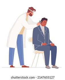 Person at doctor's appointment in ENT clinic. Audiologist checks man's ears with help of medical instruments. Otolaryngologist will otoscope patient. Vector illustration flat cartoon isolated.
