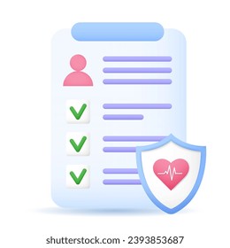 Person document insurance policy with shield and heart icon. Medicine, life, protect, medical service concept. Vector illustration in cartoon minimal style