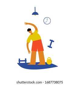 una persona hace ejercicios para mantener la inmunidad durante una pandemia en su casa. Ilustración vectorial.