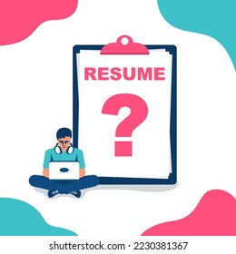 La persona no sabe cómo escribir un currículum. La pregunta es cómo escribir un currículum. Plantilla de diseño. Joven con un portátil y un gran portapapeles. Diseño plano de ilustración vectorial.