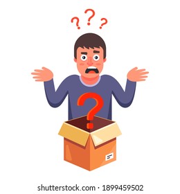 the person does not know what is inside the cardboard box. flat vector character illustration.