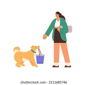 Person and dog get ready to go for walk and rest in nature. Woman and doggy preparing for strolling and relaxing outdoors. Pet owner and puppy. Flat vector illustration isolated on white background