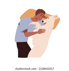 Person and dog lying together, relaxing. Happy pet owner and loyal affectionate doggy friend resting. Man hugging cute adorable canine animal. Flat vector illustration isolated on white background
