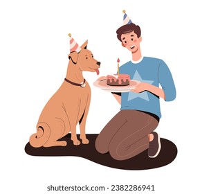 Person with dog. Man with fluffy puppy and cake. Happy birthday, holiday and festival. Dessert and delicacy. Poster or banner. Cartoon flat vector illustration isolated on white background