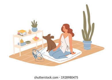 Person And Dog Relaxing With Electric Fan Blowing Cooling Air On Hot Summer Day. Woman And Pet Chilling Indoors In The Heat. Colored Flat Cartoon Vector Illustration Isolated On White Background