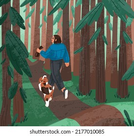 Person and dog walking in forest among trees. Puppy owner going away along footpath with doggy companion. Woman and animal in nature, woods. Girl strolling with pup friend. Flat vector illustration