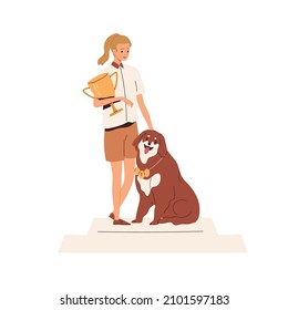 Person and dog winner of pets competition. Owner with gold cup award, goblet trophy and doggy with medals on pedestal after winning contest. Flat vector illustration isolated on white background