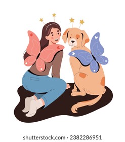 Person with dog. Woman with fluffy puppy and wings. Masquerade and carnival costumes. Sticker for social networks. Cartoon flat vector illustration isolated on white background
