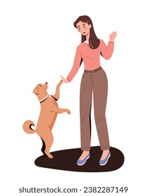 Person with dog. Woman with fluffy puppy. Owner with domestic animal walk outdoor. Happiness and positive. Poster or banner. Cartoon flat vector illustration isolated on white background