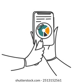 person doing analysis chart with magnifying glass on the mobile phone in doodle cartoon style