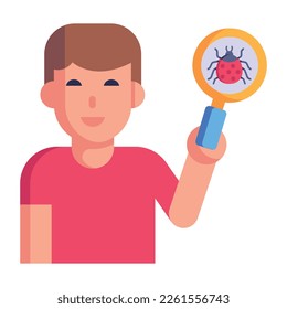 Person doing bug testing with magnifier, flat editable icon 