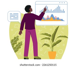 Person doing business activities. Male entrepreneur or accountant analyzes financial statistics and develops strategy for achieving success. Development of company. Cartoon flat vector illustration