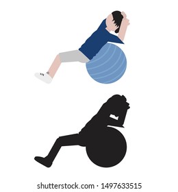 Person doing doing crunches on pilates ball in flat and silhouette style icon. Vector.