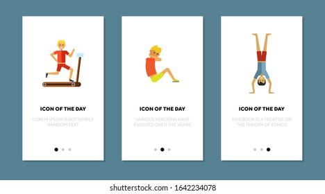 Person doing exercise thin flat icon set. Fitness, running, strong isolated vector sign pack. Sport and health concept. Vector illustration symbol elements for web design and apps