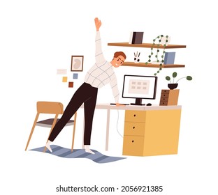 Persona haciendo ejercicios y estirando el cuerpo durante el descanso después del trabajo con computadora en el escritorio. Estilo de vida saludable, entrenamiento en el lugar de trabajo. Ilustración vectorial plana coloreada aislada en fondo blanco