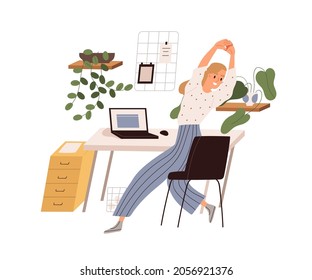 Person doing exercises and stretching at break after work at office desk. Healthy workout at workplace. Happy employee warm up her body. Colored flat vector illustration isolated on white background