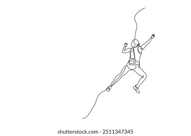 Person doing an extreme sport climbing a rocky mountain continuous one line drawing. climber lifestyle and rock climbing single line art illustration. Editable vector.