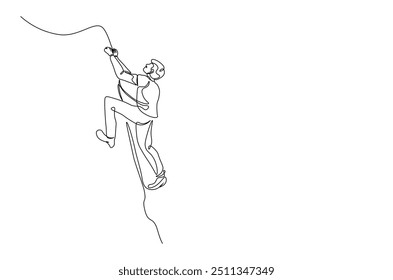 Person doing an extreme sport climbing a rocky mountain continuous one line drawing. climber lifestyle and rock climbing single line art illustration. Editable vector.