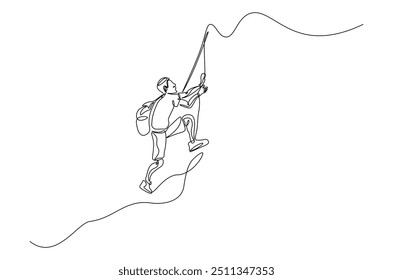 Pessoa fazendo um esporte extremo escalando uma montanha rochosa desenho contínuo de uma linha. estilo de vida escalador e escalada de pedra ilustração de arte de linha única. Vetor editável.