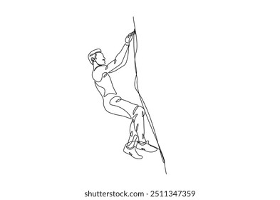 Pessoa fazendo um esporte extremo escalando uma montanha rochosa desenho contínuo de uma linha. estilo de vida escalador e escalada de pedra ilustração de arte de linha única. Vetor editável.