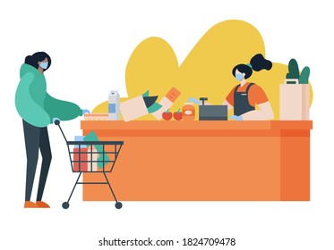 Person, die Einkaufen macht, während sie Gesichtsmaske und Handschuhe zum Schutz trägt. Covid, soziale Distanz, Lebensstil, Pandemie-Konzept. Cartoon gesichtsloser Charakter. Flache Vektorgrafik.