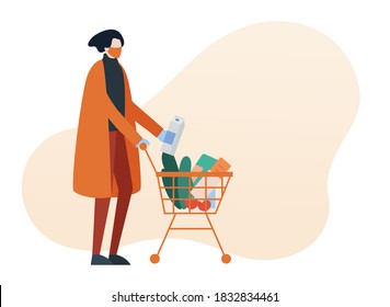 Person doing grocery shopping while wearing face mask and gloves for protection. Covid, social distance, lifestyle, pandemic concept. Cartoon faceless character. Flat vector illustration.