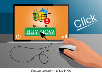 a person is doing online shopping while staying at home and click buy now to make an order