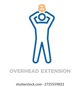 Persona haciendo un ejercicio de extensión aérea sosteniendo una mancuerna. Entrenamiento de entrenamiento físico para tríceps. Ilustración de icono de línea delgada de Vector con trazo editable