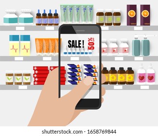 Person doing pharmacy shopping at the drug store, he is viewing offers and augmented reality contents on his smartphone, shelves on the background