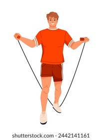 Person doing physical activity. Smiling male athlete doing sports and jumping with skipping rope. Cardio training, fitness or workout. Cartoon flat vector illustration isolated on white background