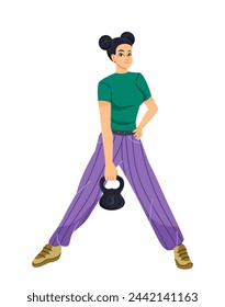 Person doing physical activity. Woman athlete lifts kettlebell and does strength exercises for muscles. Sports, fitness and workout. Cartoon flat vector illustration isolated on white background