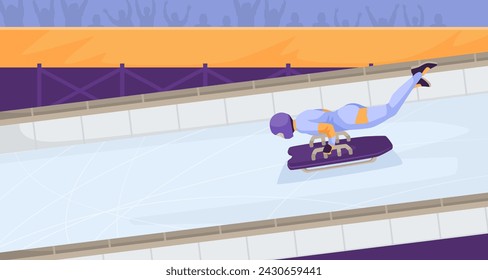 Person doing skeleton at closed ice downhill arena. Winter olympic sliding sport, sportsman ride small sled using arms. Fanats support. Competition concept. Vector illustration