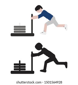 Person doing sled pushing in flat and silhouette style icon. Vector.