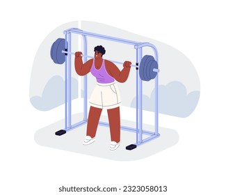 Person doing Smith machine squat with weights on bar, lifting barbell. Strong woman training during sport workout, exercising with gym equipment. Flat vector illustration isolated on white background