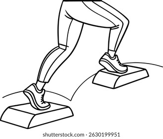 Person doing step aerobics exercise on aerobic step platform in black and white outline