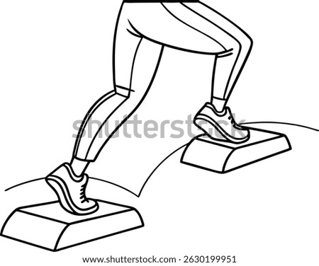 Person doing step aerobics exercise on aerobic step platform in black and white outline