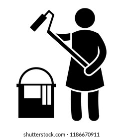 A person doing wall painting with the roller and bucket on side 
