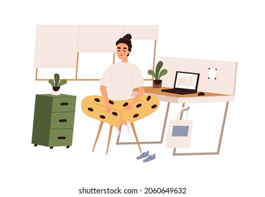 Person doing yoga exercises during work break. Meditation of happy office worker on chair at workplace. Employee meditating in lotus pose at desk. Flat vector illustration isolated on white background