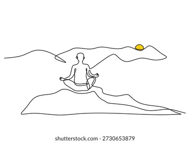 Pessoa fazendo pose de ioga em um desenho de linha contínua de montanha. Estilo de vida saudável de viagem e ilustração vetorial de exercício ao ar livre.