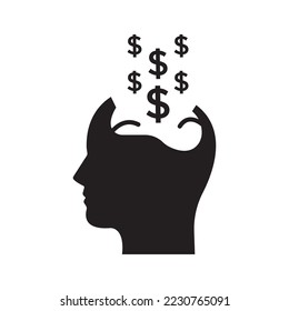 Person mit Dollar-Symbol. Mann Geschäftsmann mit Geldzeichen. Circle Symbol des menschlichen Silhouettenprofils mit Dollarzeichen im Kopf.