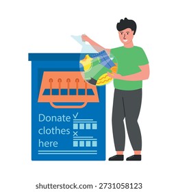 Persona donando ropa a un contenedor de donaciones. Una Ilustración vectorial en un estilo plano de dibujos animados que representa a una persona (hombre) de pie junto a un Grande contenedor de donaciones azul y poniendo una bolsa de plástico transparente llena de ropas de colores en el interior
