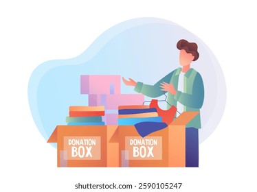 Person donating clothes and items into donation boxes. Flat graphic style on a white background. Concept of charity and giving. Vector illustration