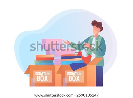 Person donating clothes and items into donation boxes. Flat graphic style on a white background. Concept of charity and giving. Vector illustration