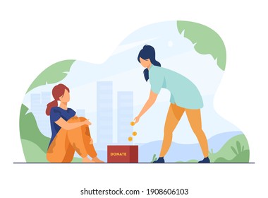 Person donating money to homeless woman. Beggar in dirty clothes asking for donation in street. Flat vector illustration. Poverty, charity, hobo concept for banner, website design or landing web page