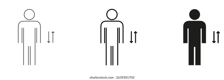 Person With Up And Down Arrows Icon Set. Height Measurement, Growth Tracking, And Size Adjustment Symbol Collection. Human Figure With Directional Indicators. Isolated Vector Illustration.